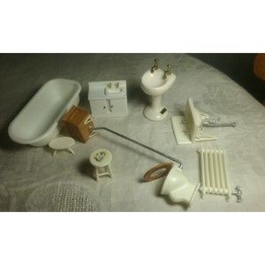 Vintage Dollhouse Bathroom White Furniture Accessories 9 Items